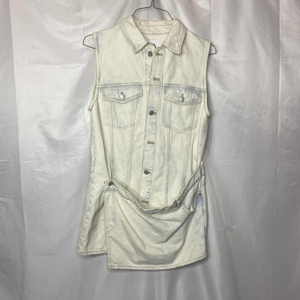 Zara Women’s Light Blue Denim Trf Sleeveless Button Up Mini Dress M Distressed